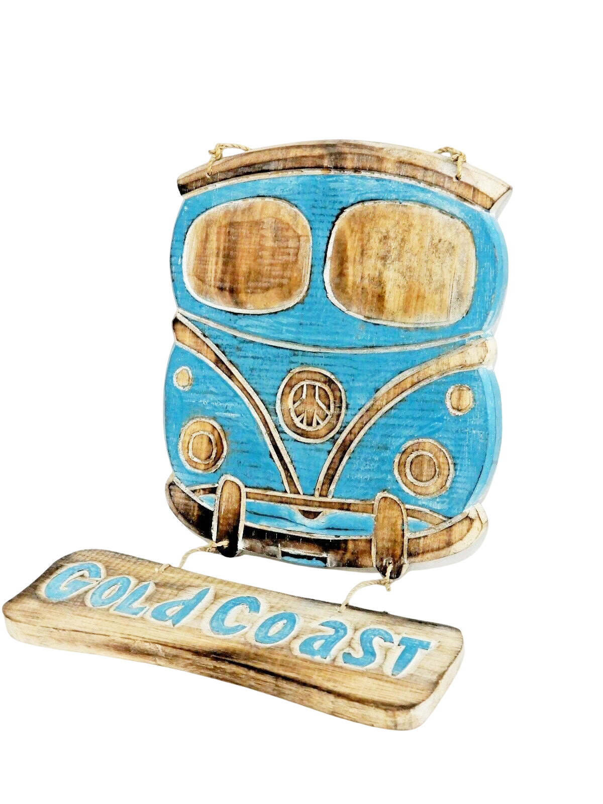 A wooden hanger shaped in to Blue Combi Car with 'Gold Coast' writing on it. 