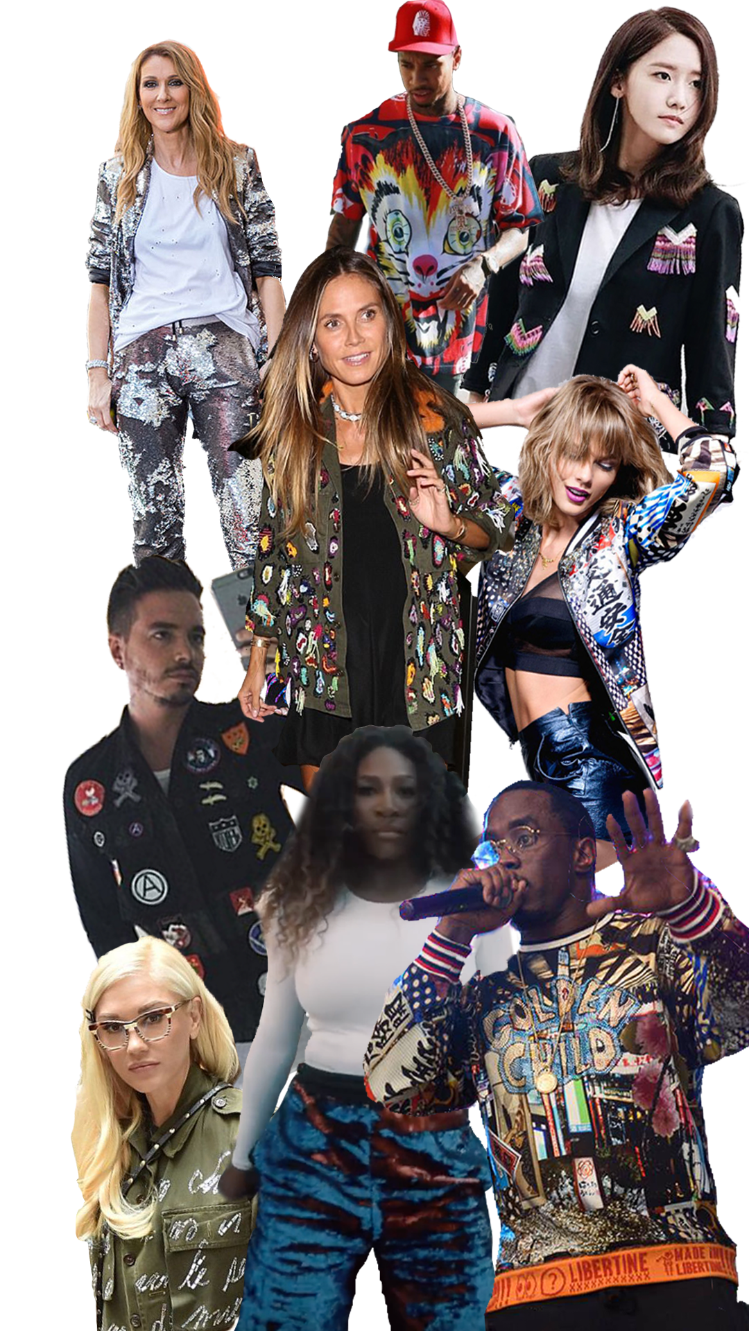 Puff Daddy, Serena Williams, Gwen Stefani, Tyga, Taylor Swift, J Balvin, Im Yoona of Girls Generation wearing Libertine fashions