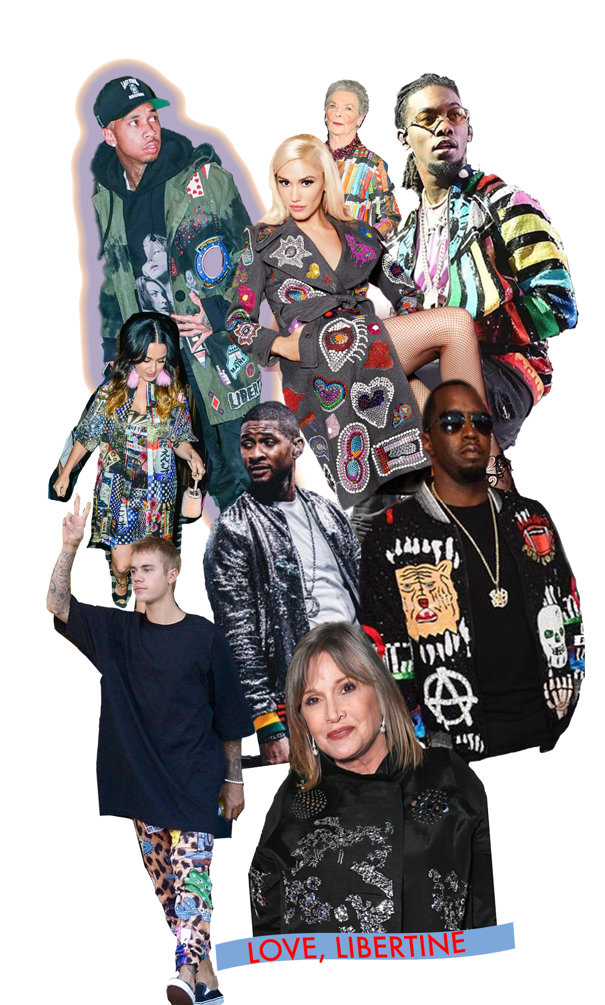 Puff Daddy, Katy Perry, Usher, Justin Bieber, Serena Williams, Gwen Stefani, Tyga, Offset, wearing Libertine fashion