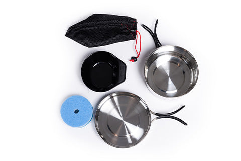 A Stainless Steel Mess Cooking Kit with a pot, pan, mug, scrubber, and storage bag.