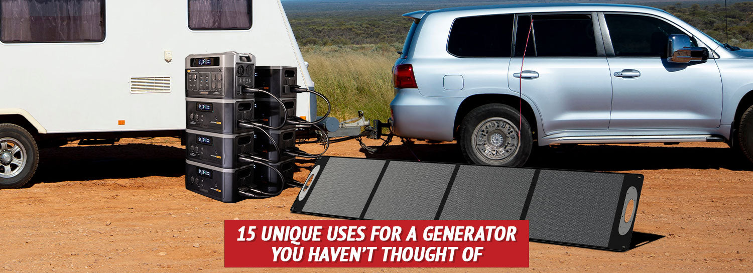 SUV attached to a trailer with a stack of solar generators next to it