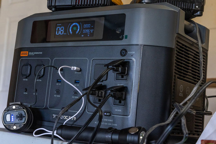 Shows the Grid Doctor system being used to charge power tools.