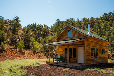 A small cabin set in a clearing in the woods.