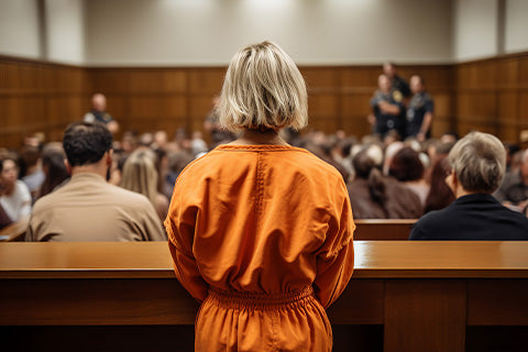 The back of a woman in an orange prison jumpsuit standing in an open courtroom.