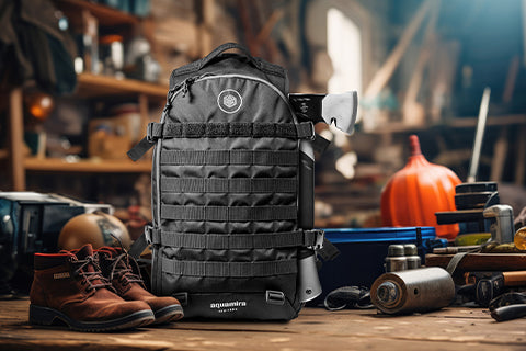 A backpack on a wood table with hiking boots and other emergency supplies.