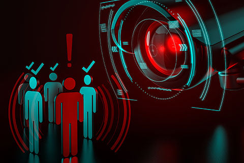 Giant camera checkes group of people as a metaphor of AI-driven (artificial intelligence) surveillance system taking control over world we know concept.