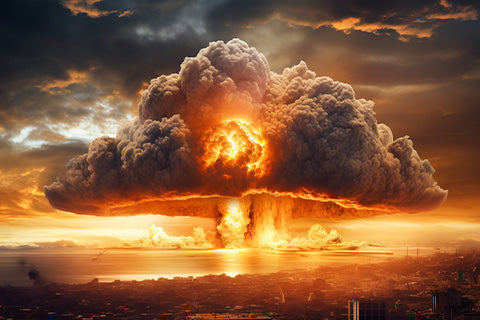 A large mushroom cloud from an explosion next to a city.