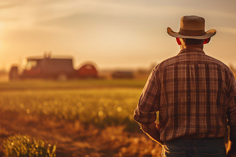 The back of a farmer in plaid and a hat, looking at his farm as the sun sets.