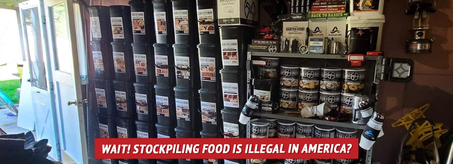 Buckets of emergency food stacked to the ceiling in a garage.