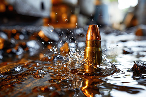 A bullet falling into a puddle and making a splash.
