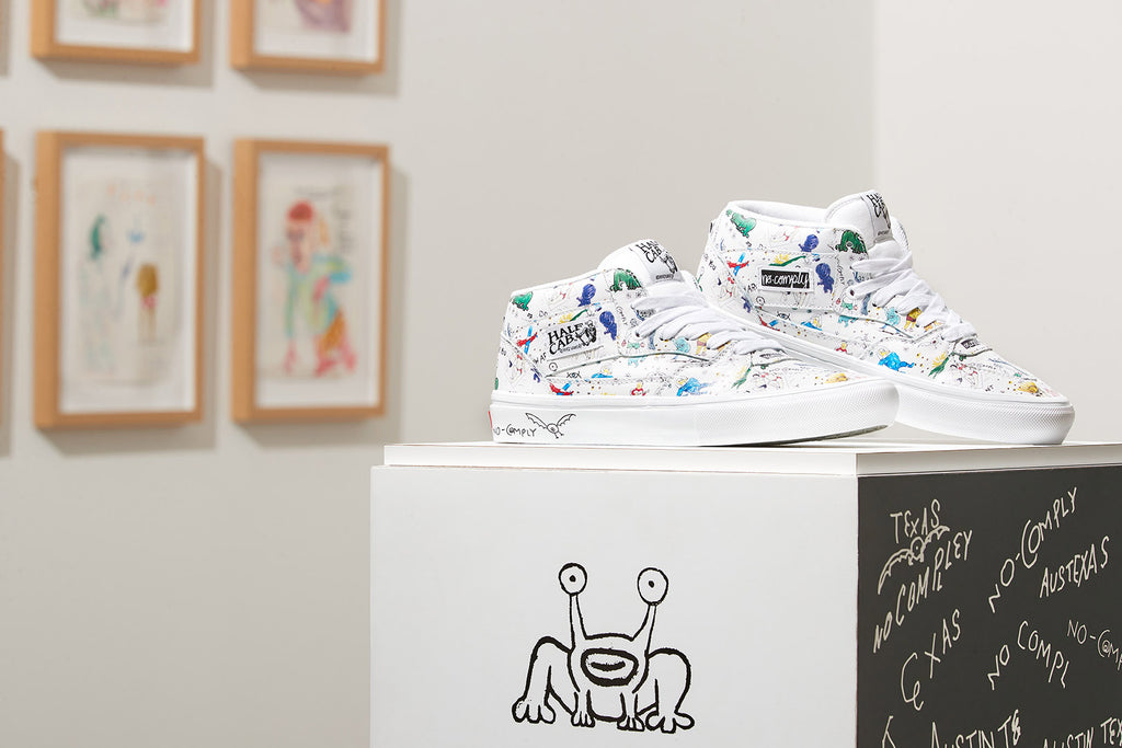 By No-Comply Skateshop in Austin, TX Vans Half Cab in white leather with all over print Daniel Johnston artwork