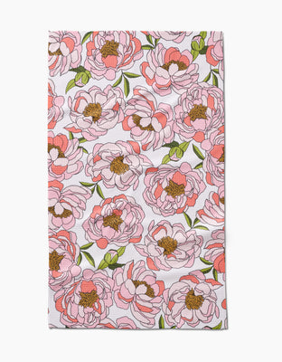 Peony Paradise is a rectangular cloth made of ultra-absorbent Geoweave fabric, displaying large pink peonies with yellow centers and green leaves on a white background.