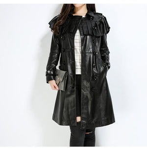 Genuine Leather Double Breasted Long Coat With Belt - 2Glam