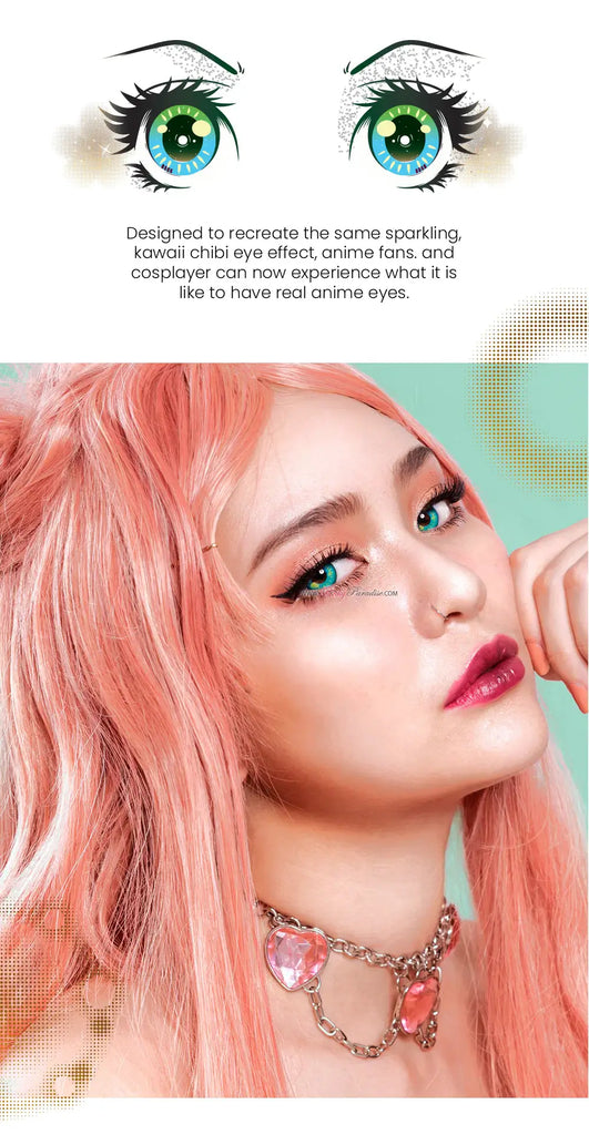 princess pinky lunar earth green in anime version and on a model. Text saying "designed to recreate the same sparkling kawaii chibi effect, anime fans and cosplayer can now experience what it is like to have real anime eyes"