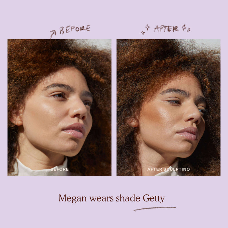 Shade: Getty [A model before and after applying the Tower 28 Beauty Sculptino™ Cream Contour in the shade Getty]