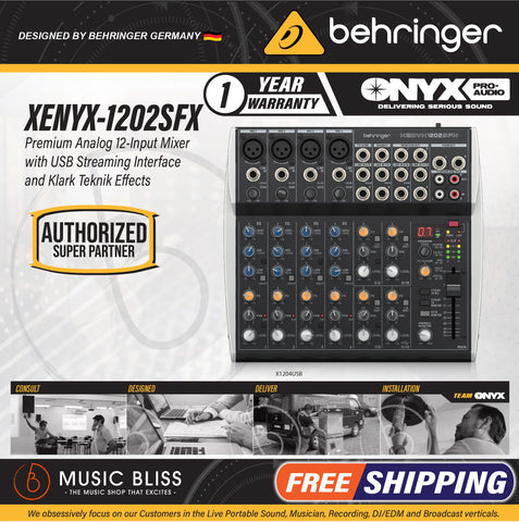Behringer XENYX 1202SFX Premium Analog 12-Input Mixer with USB Audio Streaming Interface and Klark Teknik Effects - Music Bliss Malaysia