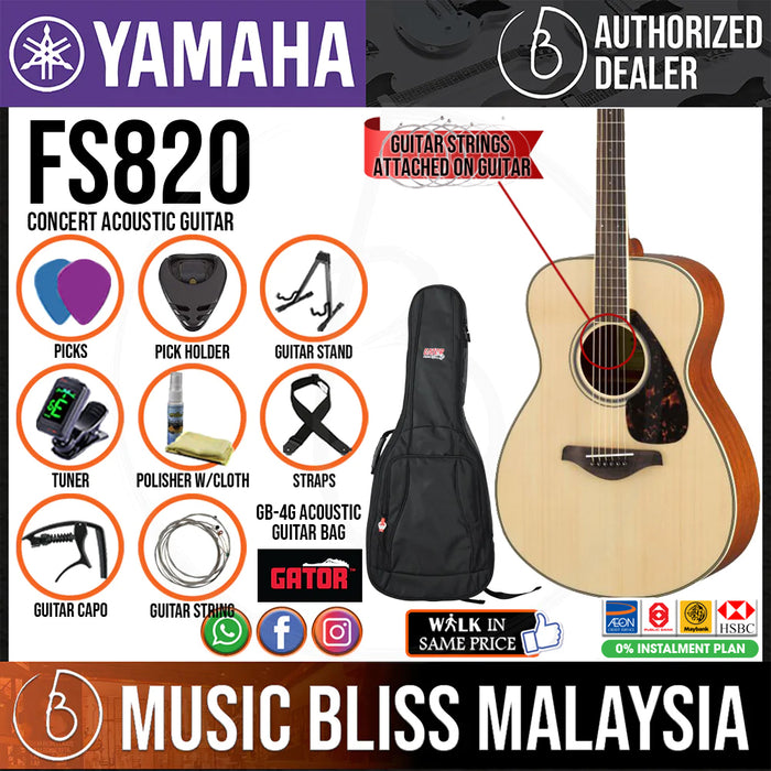 Yamaha FS820 Concert Acoustic Guitar w/FREE Gator GB-4G Acoustic