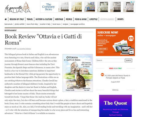 Review of the book "Ottavia e i Gatti di Roma" at "La gazzetta Italiana"