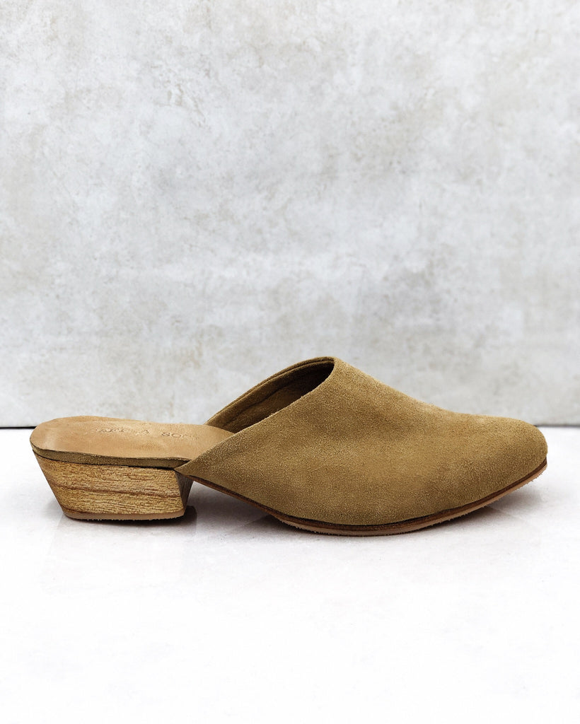 tan suede mules