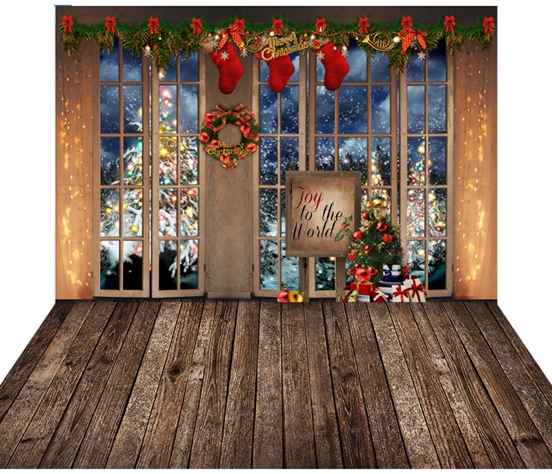 Christmas Window With Wooden Floor Mat Holiday Photography Backdrop G ...
