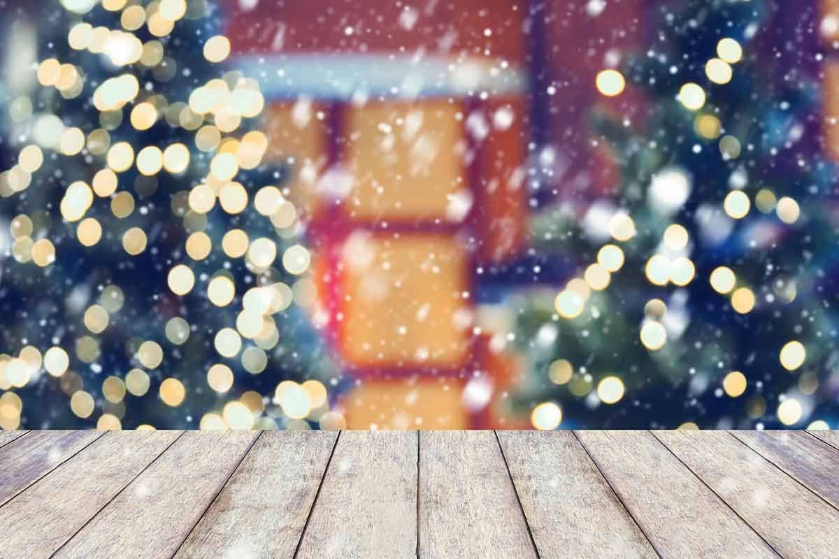 Bokeh Christmas Tree Outside With Wood Floor Photography