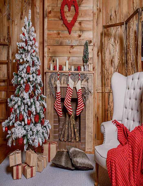 Christmas Socks Hang On Fireplace Christmas In Wood Room Backdrop For ...