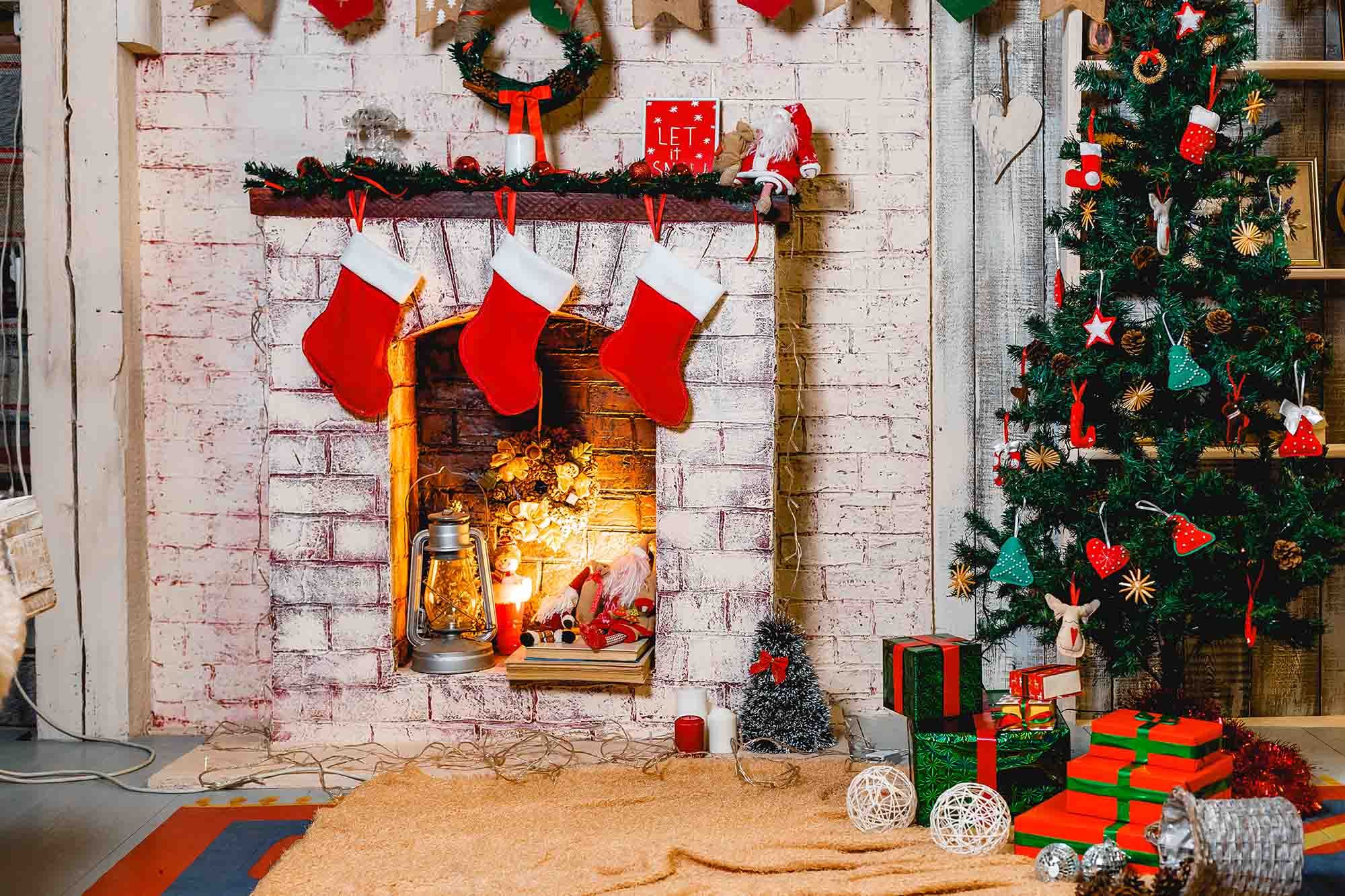 Christmas Socks Hanging On Fireplace With Carpet Photography Backdrop ...