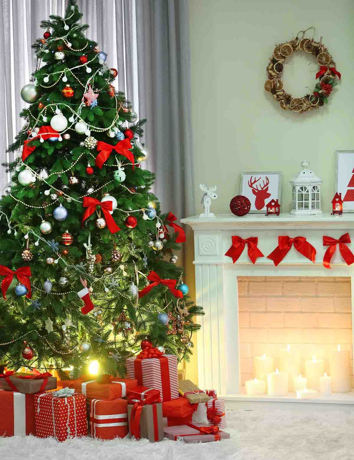 Christmas Tree Full Of Gifts With Wool Carpet Backdrop For