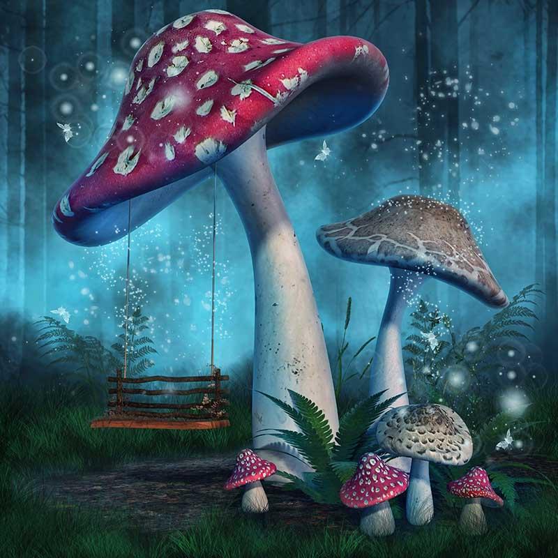 Fantasy Mushrooms With Fairy Swing In Forest Photography Backdrop J-03
