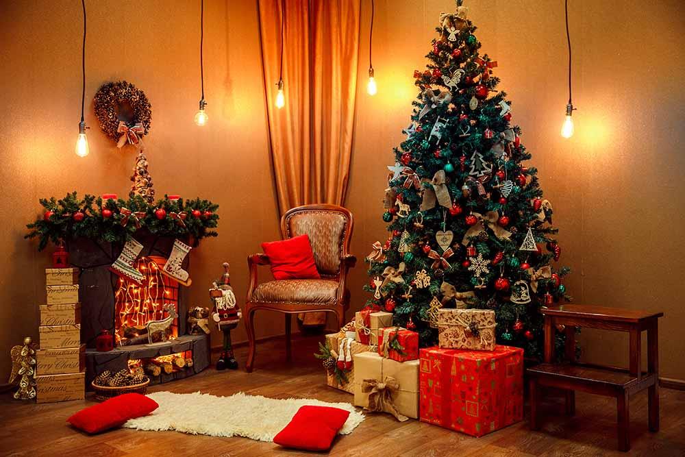 Green Christmas Tree And Chair Under Yellow Light Backdrop For Holiday