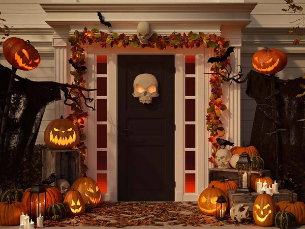 Halloween Decorated Front Door With Various size Shape Pumpkin Photogr ...