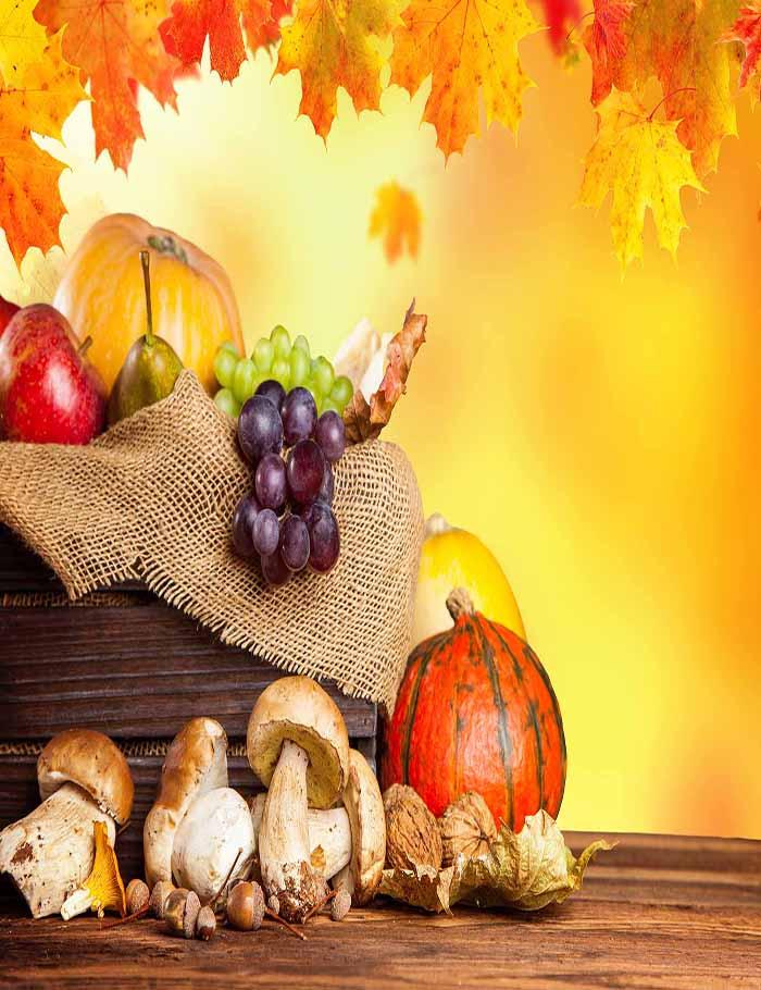 Maple Leaf Pumpkin Grape And Mushrooms On Floor For Halloween Backdrop ...