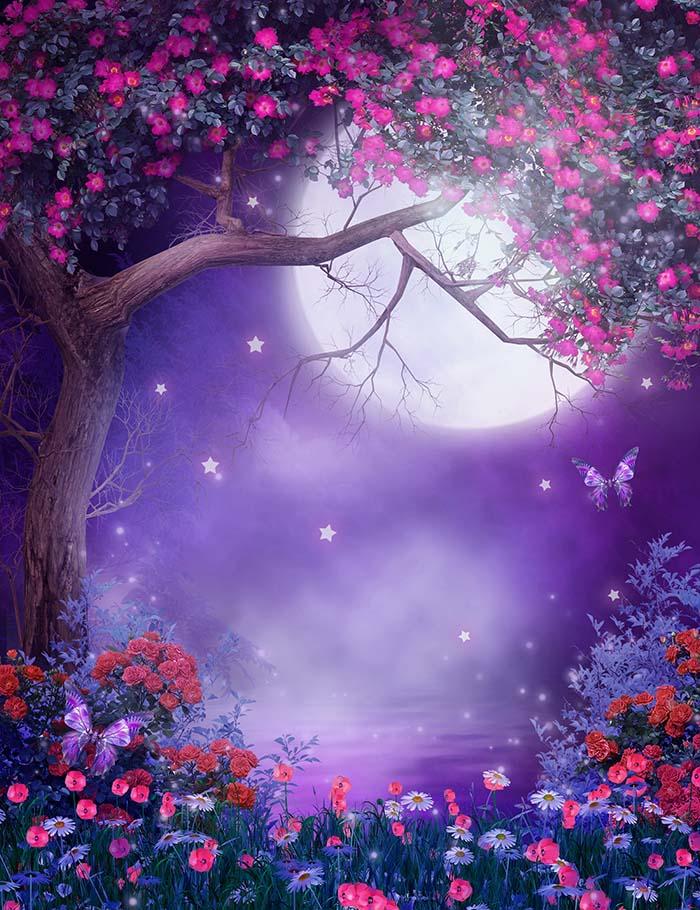 Moonlight Purple Scenery Flowering Tree And Colorful Shrubs Photograph ...