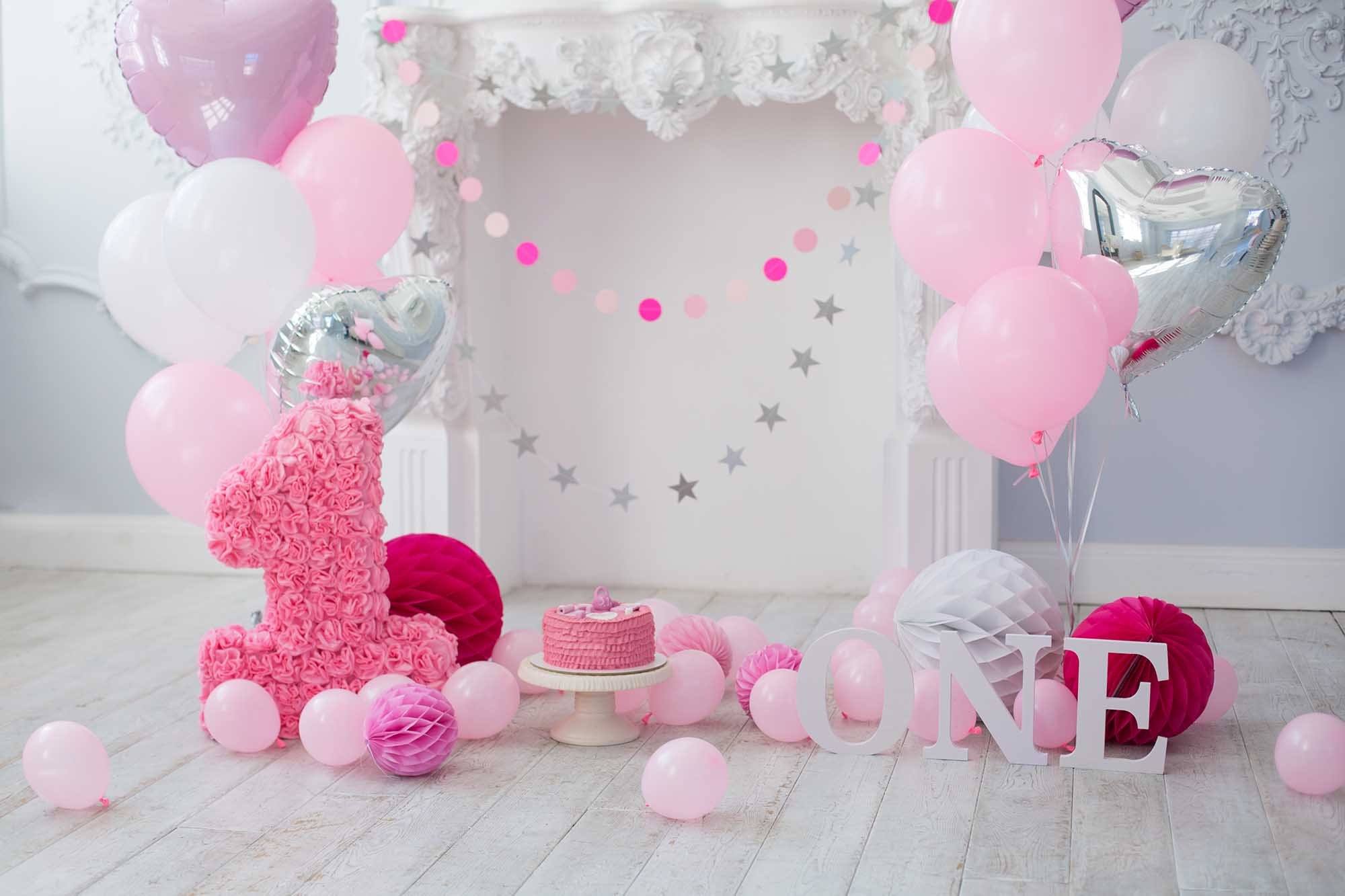 Pink Balloons And Fireplace For Baby 1 Birthday  Photo 