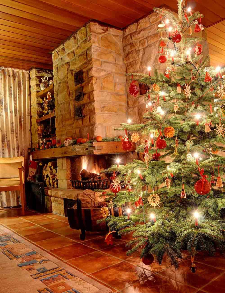 Stone Fireplace And Christmas Tree In Senior Room Photography Backdrop ...