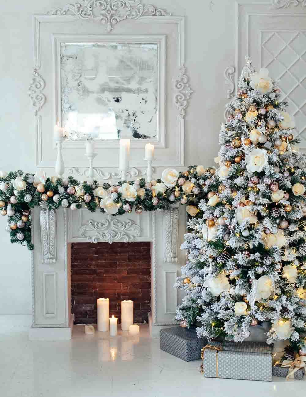 White Snow Cover Christmas Tree Aside Fireplace Backdrop For Holiday – Shopbackdrop