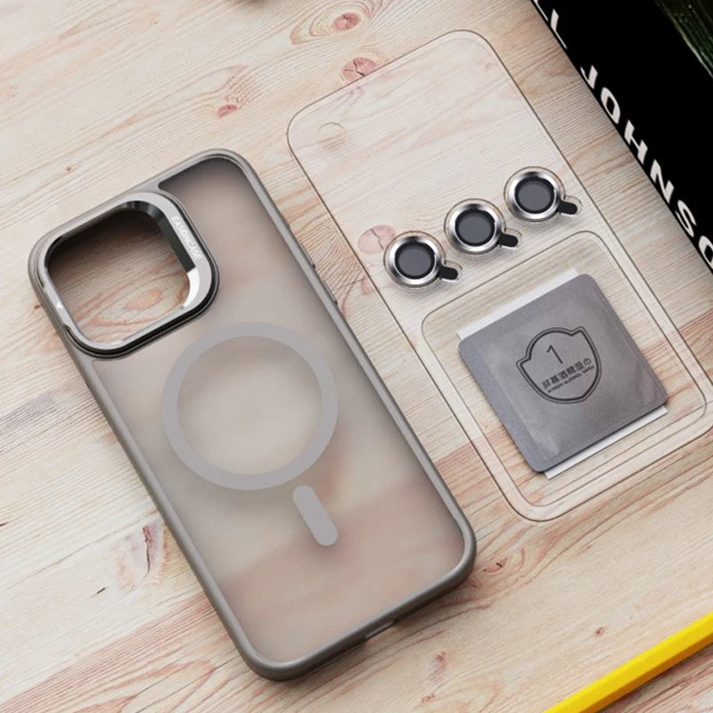 Magnetic Metal Lens Holder Case for iPhone 16, 16 Pro, 16 Plus, 16 ProMax, 15 Pro Max Plus—Transparent Cover with Magsafe Wireless Charging