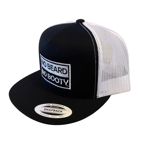 NO BEARD NO BOOTY® COLLECTION by THIGHBRUSH® - FLATBILL TRUCKER SNAPBACK - BLACK AND WHITE