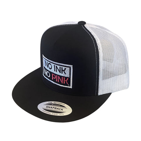 THIGHBRUSH® "NO INK NO PINK" - Trucker Snapback Hat  - Black and White - Flat Bill