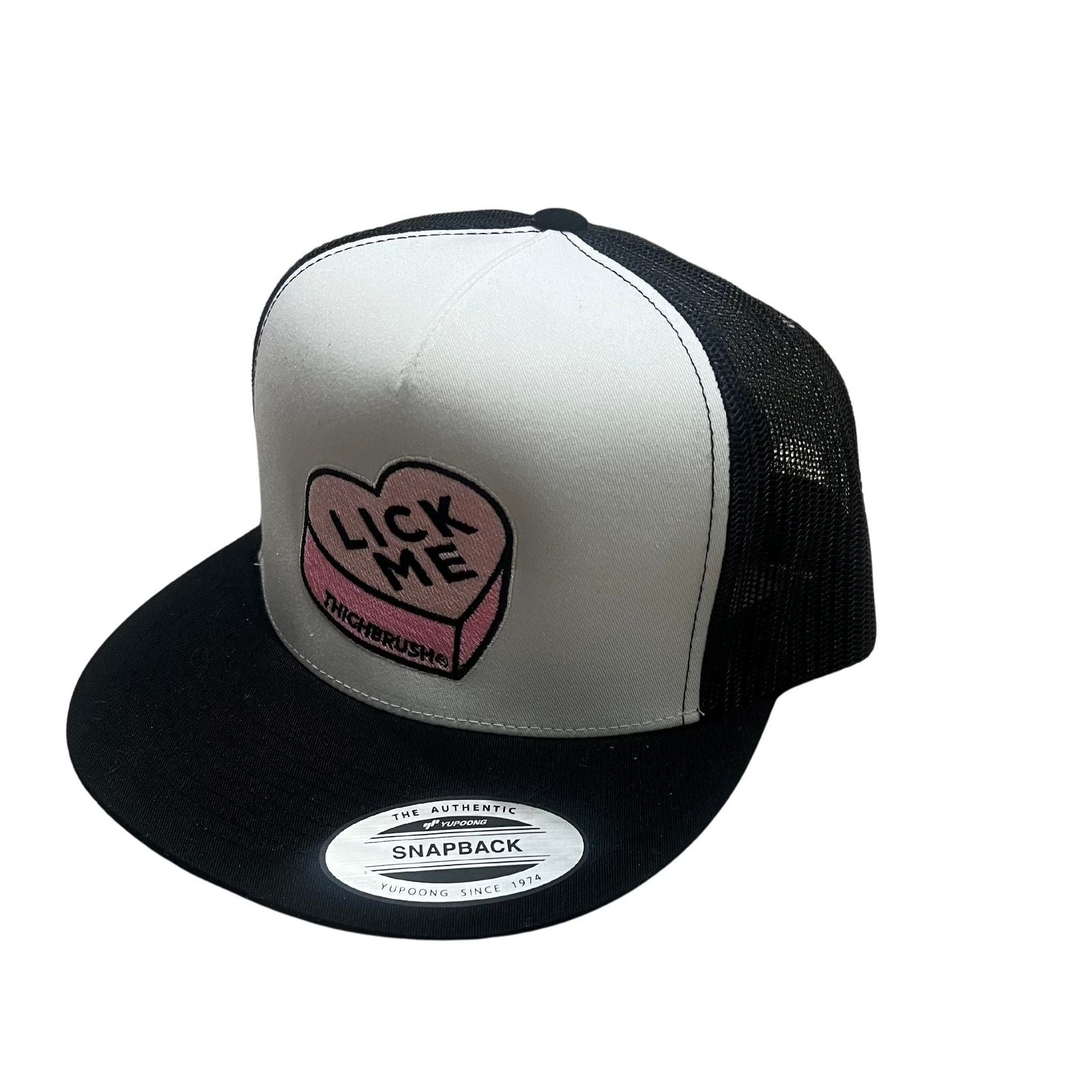 THIGHBRUSH® - LICK ME - Trucker Snapback Hat - Flat Bill - White and Black