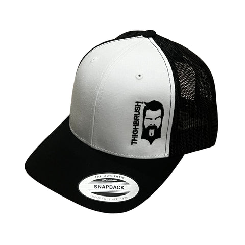 THIGHBRUSH® - Trucker Snapback Hat - White and Black - Black Logo