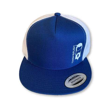 THIGHBRUSH® Trucker Snapback Hat in Blue and White with a Flat Bill.