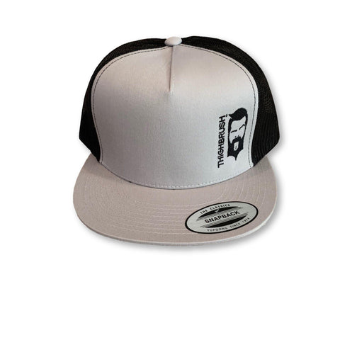 THIGHBRUSH® - Trucker Snapback Hat - Silver and Black - Black Logo - Flat Bill