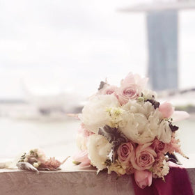 wedding arch bridal bouquet rustic bespoke roses hydrangea red pink pastel elegant