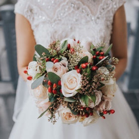 wedding arch bridal bouquet rustic bespoke roses hydrangea red pink pastel elegant