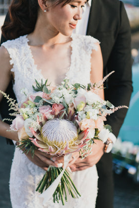 wedding arch bridal bouquet rustic bespoke roses hydrangea red pink pastel elegant
