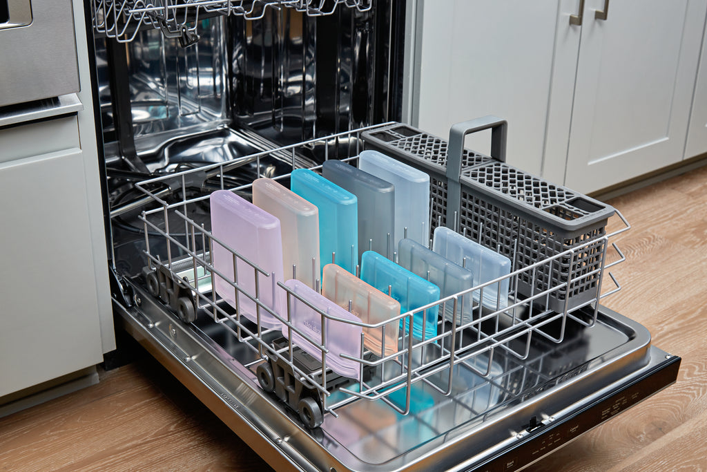 reusable ziploc silicone bags in bottom rack of dishwasher
