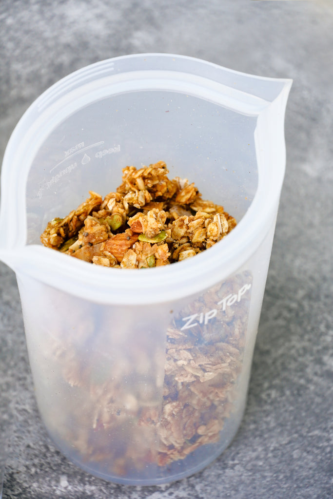 Reusable silicone containers with granola clusters