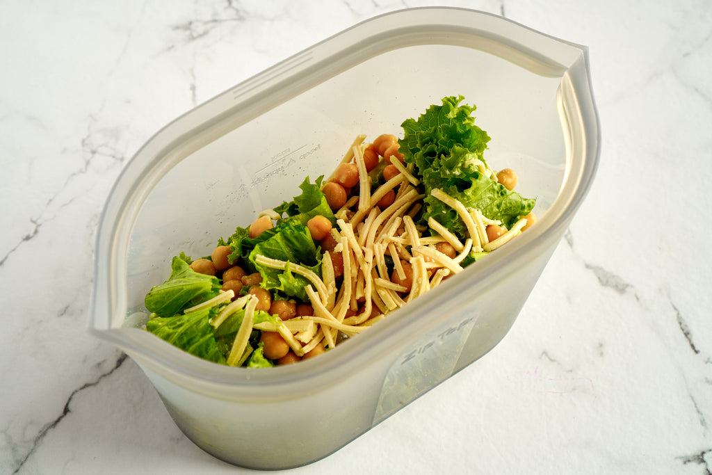 Vegan Caesar salad in reusable silicone bag