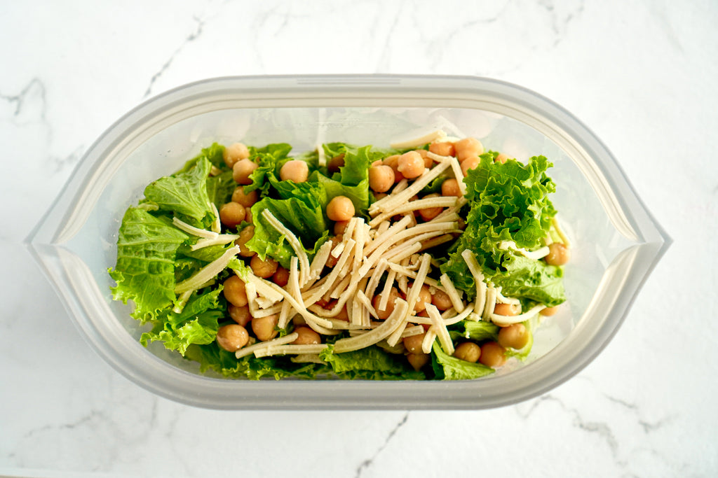 Vegan Caesar Salad recipe in reusable silicone dish